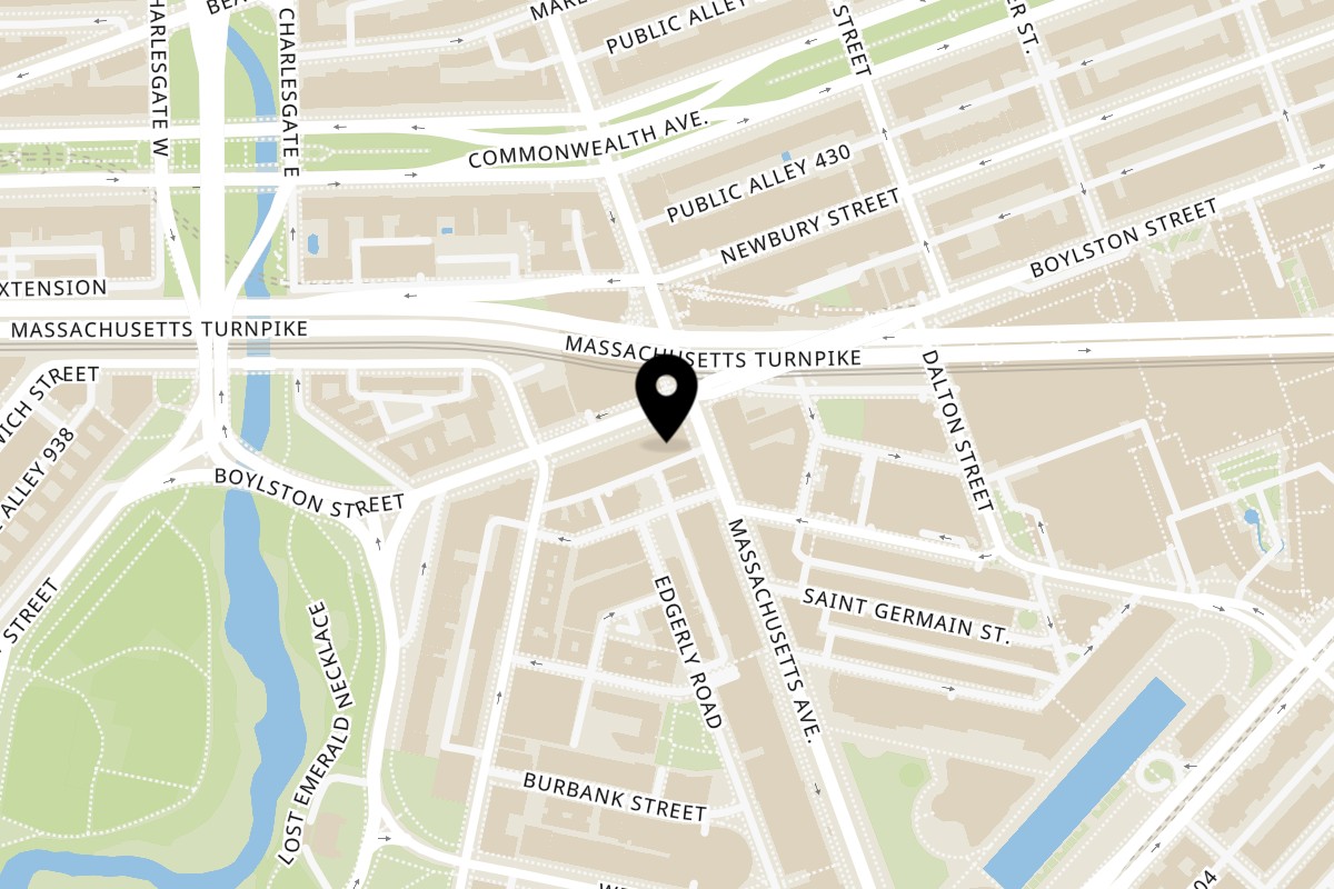 Map showing the location of Amelia's Taqueria Boylston Street on 1076 Boylston St in Boston