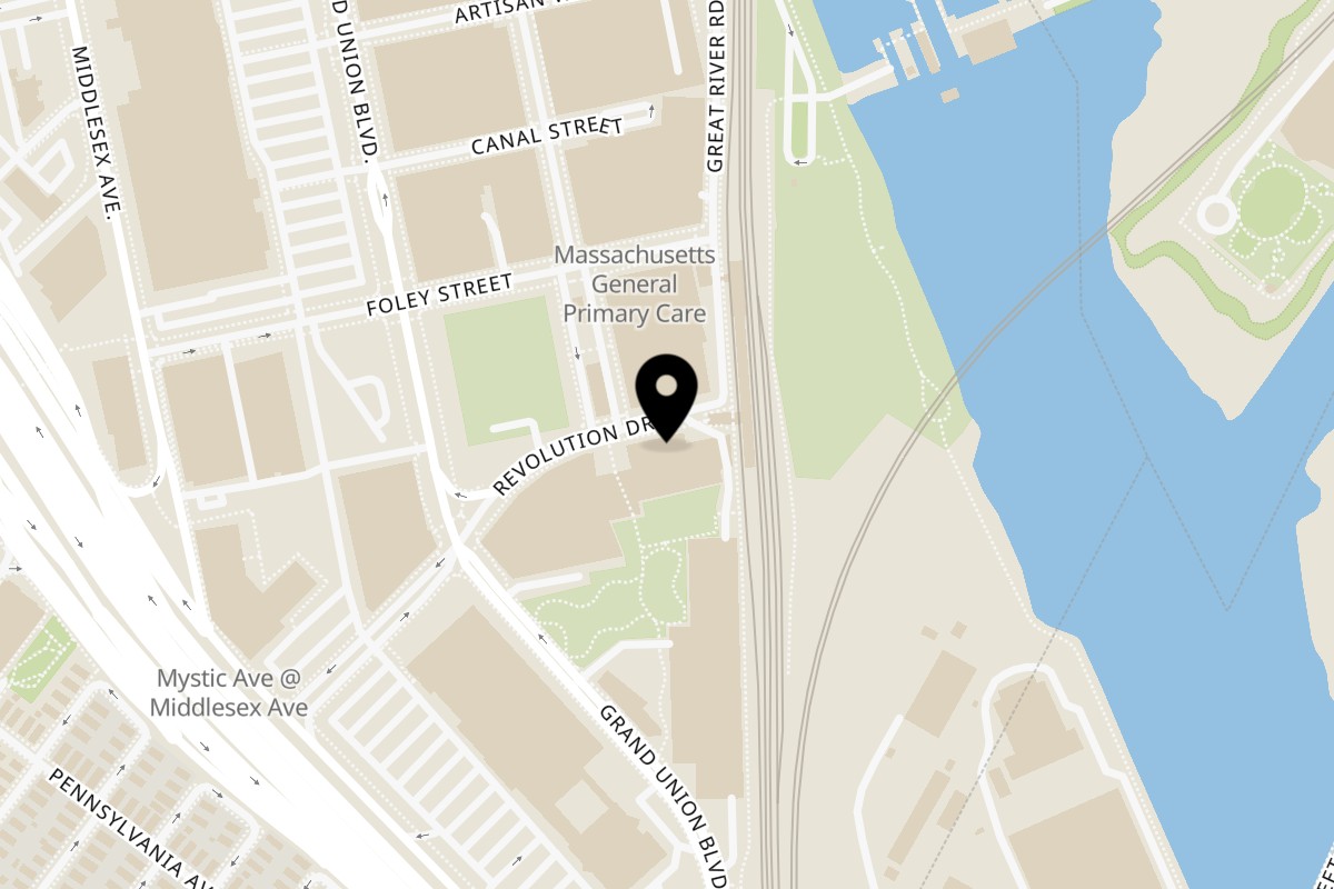 Map showing the location of Amelia's Taqueria Assembly Row on 475 Revolution Dr in Somerville